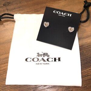 Coach Crystal Heart Logo Stud Earrings Gold Clear Pavé C NWT
